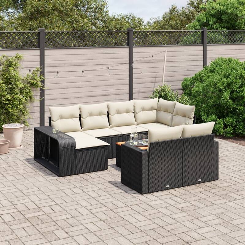 vidaXL Patio Sofa Set with Cushions Lounge Sofa Sections 11 Piece Poly Rattan - Black and cream Large Wood