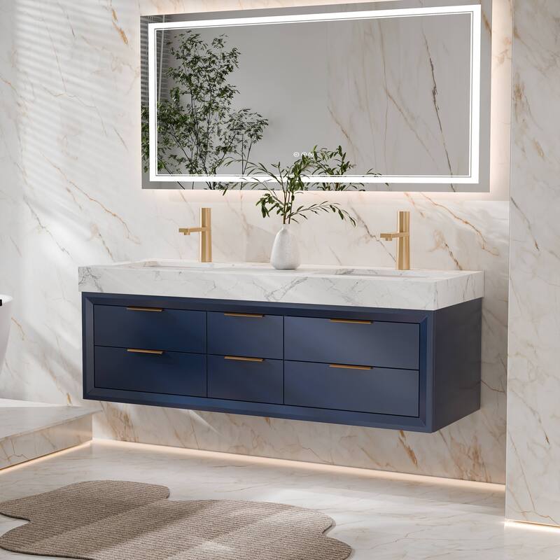 Modland 60" Modern Floating Bathroom Vanity with Double Sink, Soft-Close Drawers, White Stone Countertop