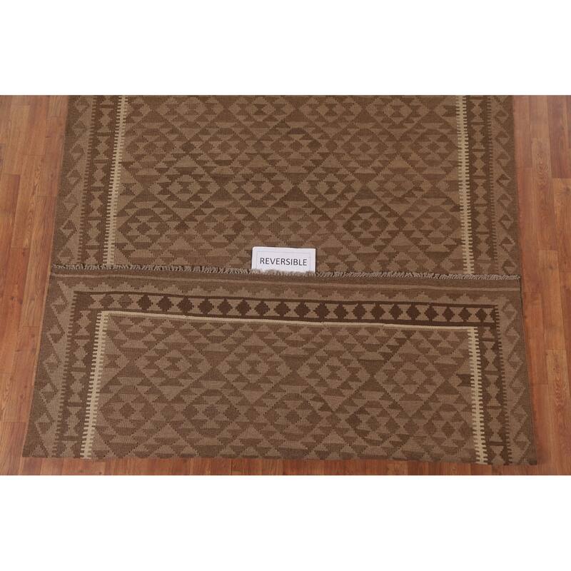 Hand Woven Oriental 100% Wool Carpet Southwestern Geometric Brown Kilim Area Rug - 9' 11'' X 6' 7''