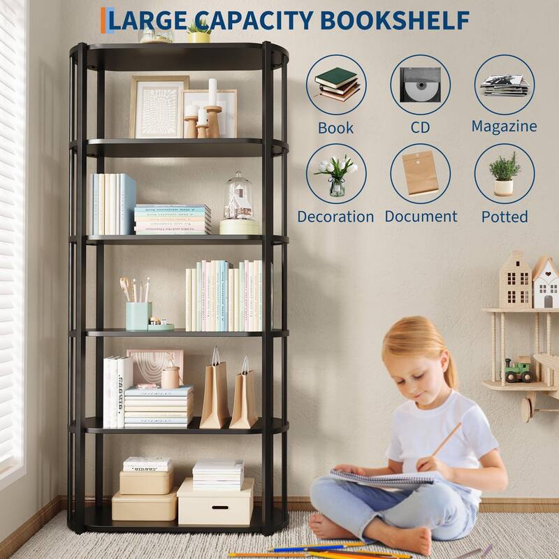 71 Inch Industrial Wooden Bookshelf - 6 Tier Tall Bookcase, Metal Frame Large Storage Shelf