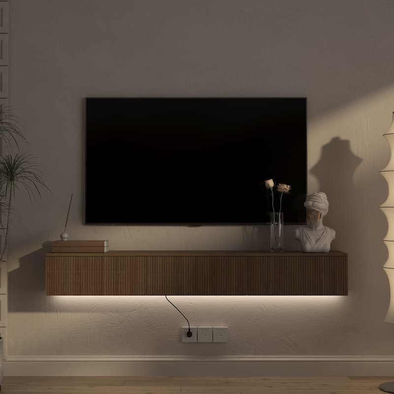 65" Floating TV Stand Wall Mounted with 16 Color LEDs, Modern Fluted TV Stand Entertainment Center for TVs Up to 65"
