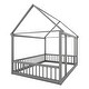 preview thumbnail 10 of 8, Full Size Floor Wooden Bed with House Roof Frame and Safety Guardrails