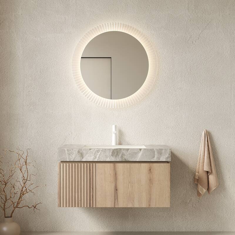 30"/36"/48" Wall-Mounted Bathroom Vanity with Ceramic Sink, Sintered Stone Countertop Floating Bathroom Storage Cabinet - Light Gray,White Oak - 36 Inch