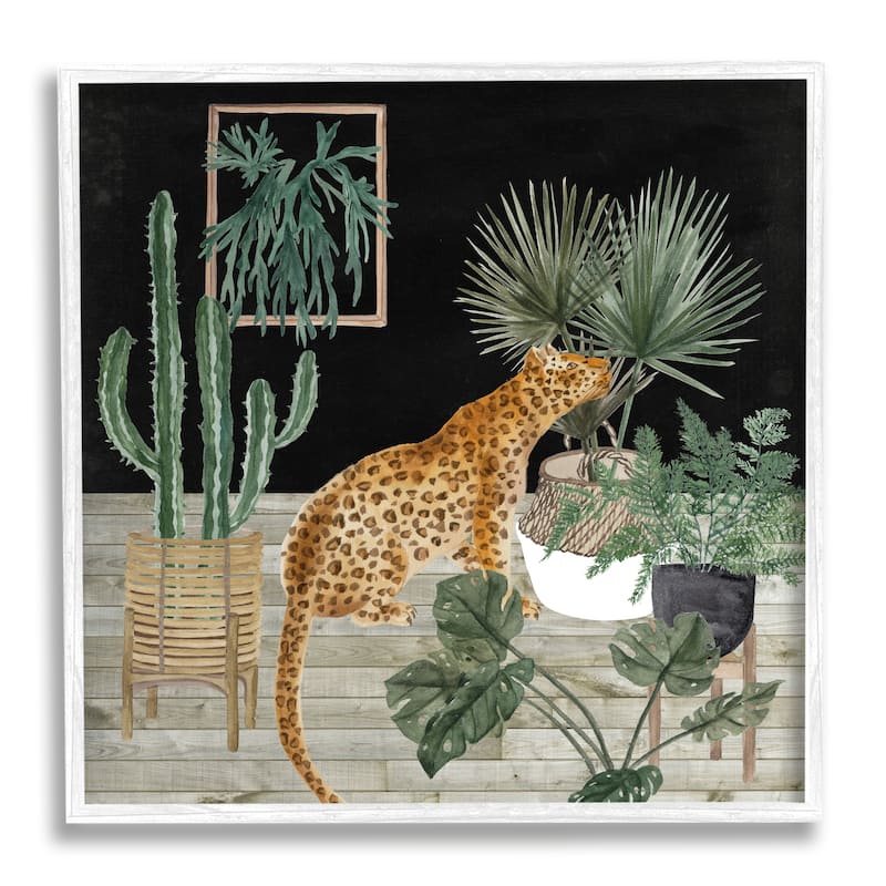 Stupell Leopard Among Various Plants Cactus Planked Floor Framed Wall Art, Design by Melissa Wang - Black