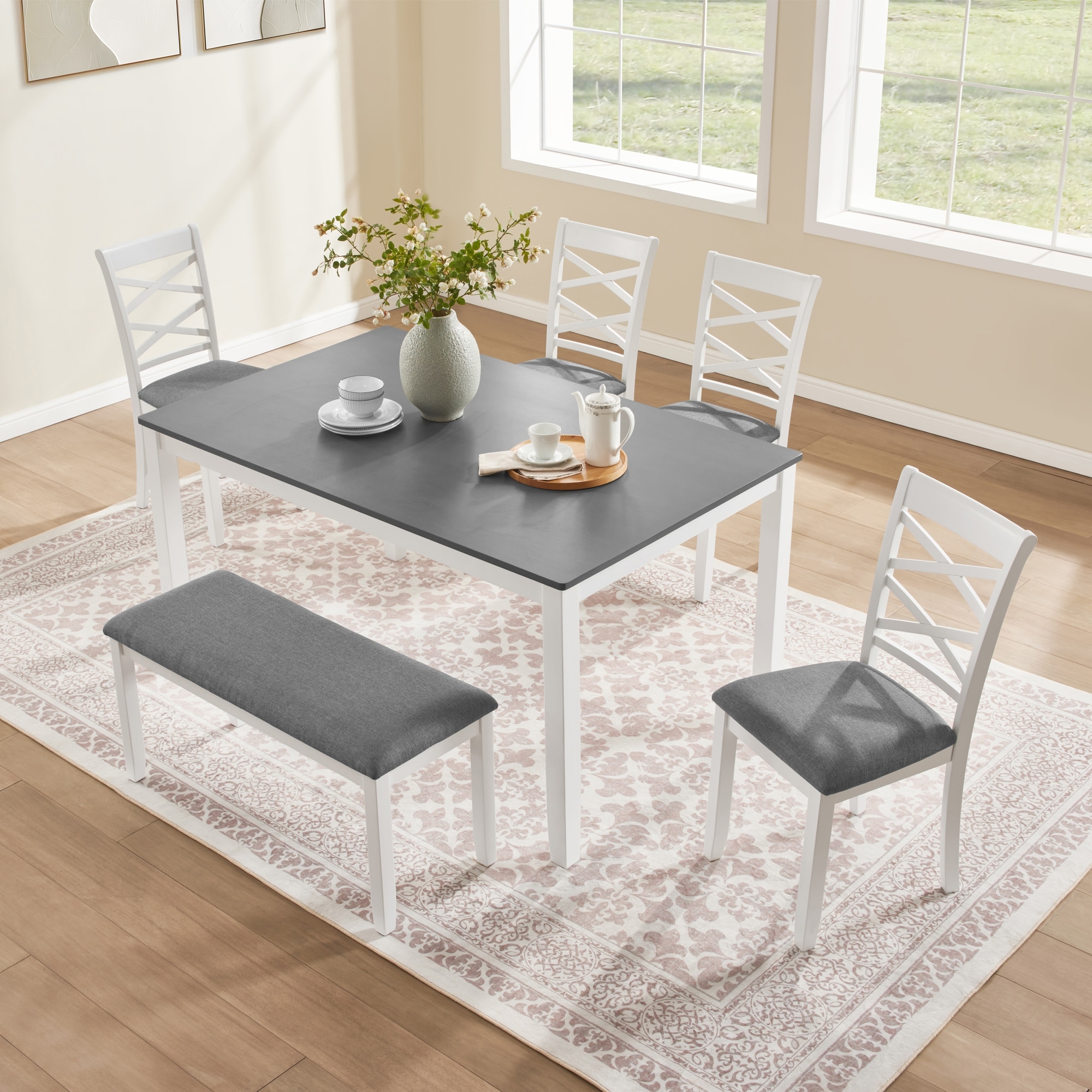 6-Piece Dining Table Set with Bench & 4 Padded Chairs