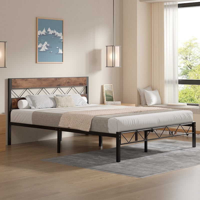 VECELO Vintage Metal Platform Bed Frame with Wood Headboard, Storage Bed, Noise-Free, No Box Spring Needed, Twin/Full/Queen Size