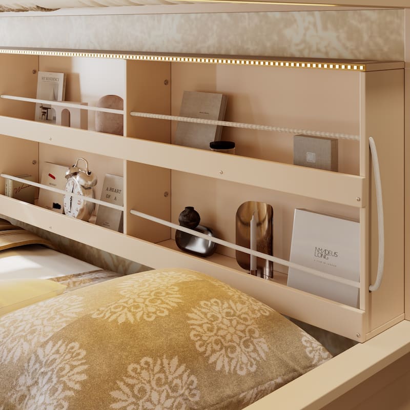 Full XL over Queen/Full over Full Bunk Bed with Integrated Shelving, Color-Changing Lights & Pegboard