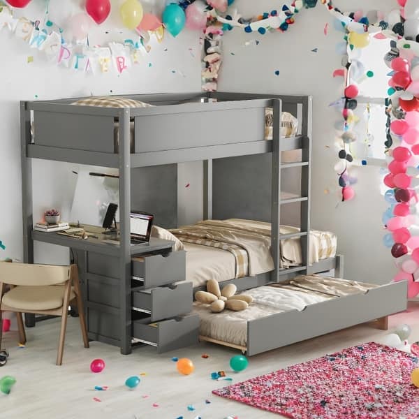 slide 2 of 18, Twin-Over-Twin Bunk Bed with Twin size Trundle, Storage and Desk, Gray
