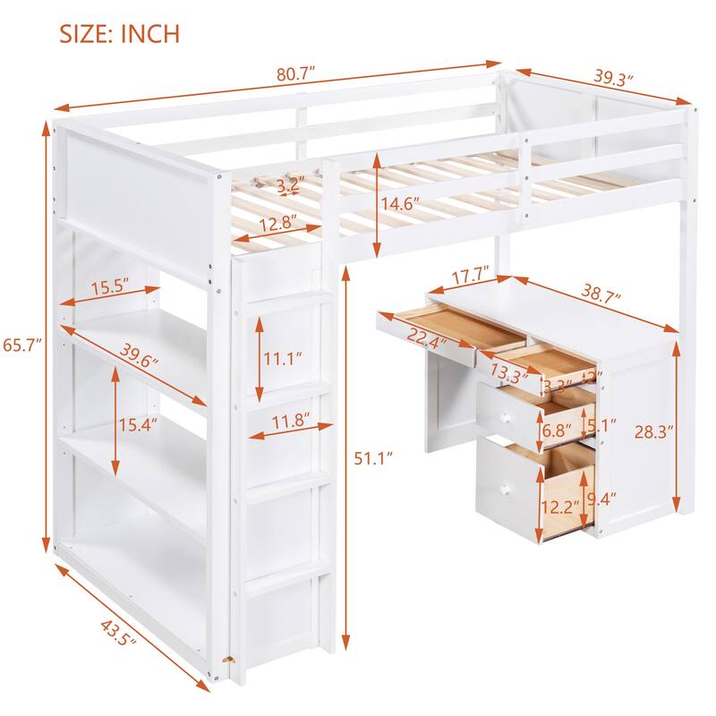 Twin Size Loft Bed with Ladder, Shelves, Solid Wood Loft Bed Frame with 4-Drawers Desk, Box Spring No Required