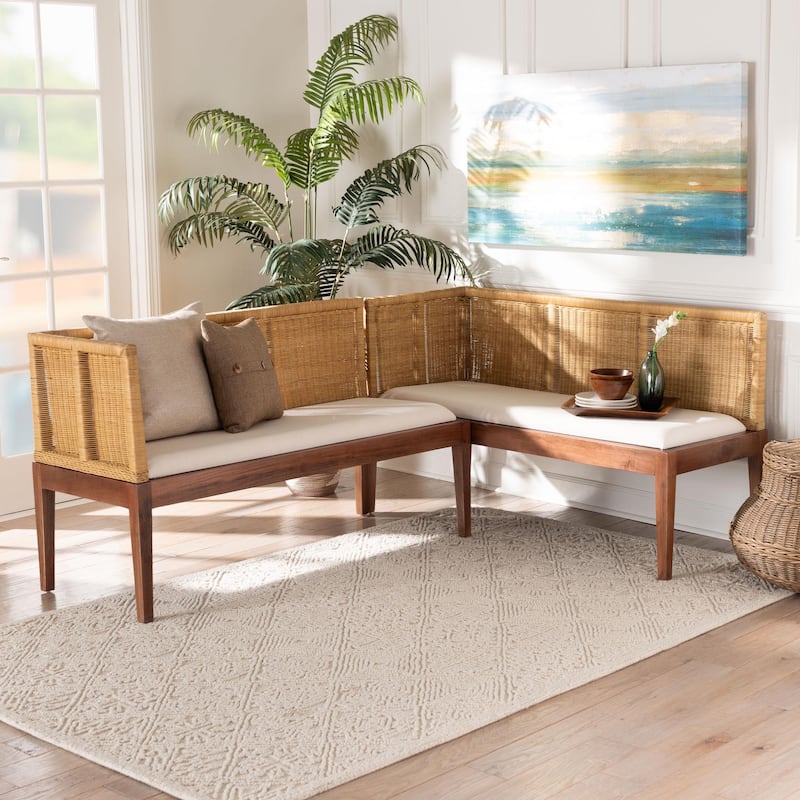 Tabanan Modern Bohemian Nautral Brown Rattan and Brown Acacia Wood 2-Piece Dining Nook Banquette Set