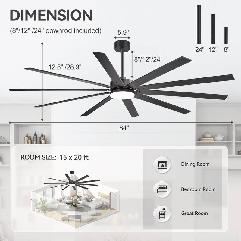 Large 84"/72" Reversible 10-Blade Integrated Ceiling Fan with LED Light Kit and Remote