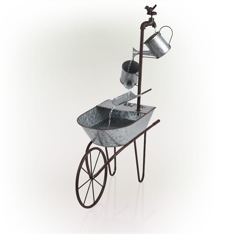 Alpine Corporation 36" Tall Rustic Wheelbarrow and Watering Can Fountain Yard Decoration