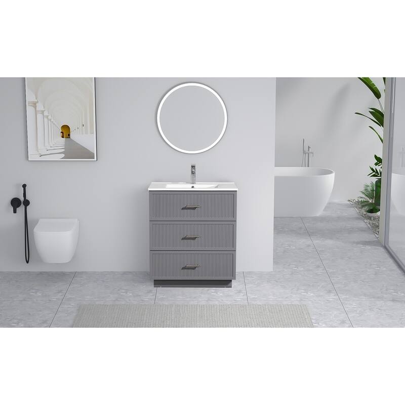 30" Freestanding Bathroom Vanity with Ceramic Sink and 2 Storage Drawers, Stylish Gray Floor Cabinet
