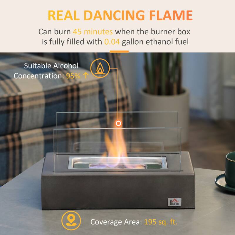 HOMCOM Tabletop Fireplace, 13" Concrete Alcohol Fireplace for Indoor and Outdoor, 0.04 Gal Max 195 Sq. Ft.
