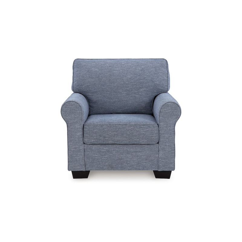 Sano Chair, Denim Blue Polyester, Soft Cushioning, Black Wood Frame