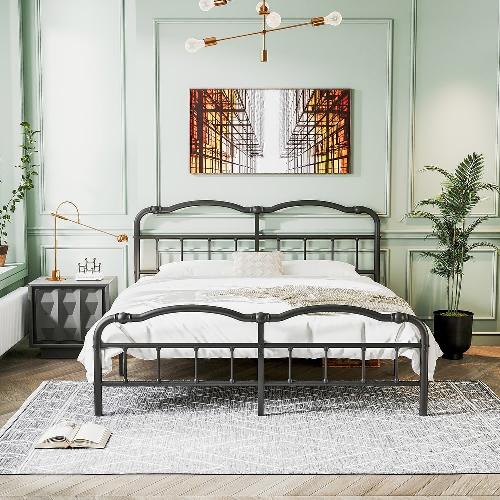 Heavy Duty Anti-Sway 18 Inch High Steel Tube Iron Bed, Double Wave Headboard And Footboard