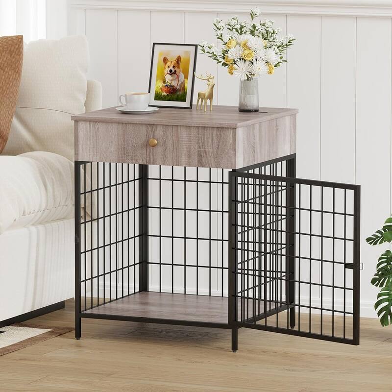 Small Dog Crate End Table,Dog Kennel End Table with Storage Drawer - Grey