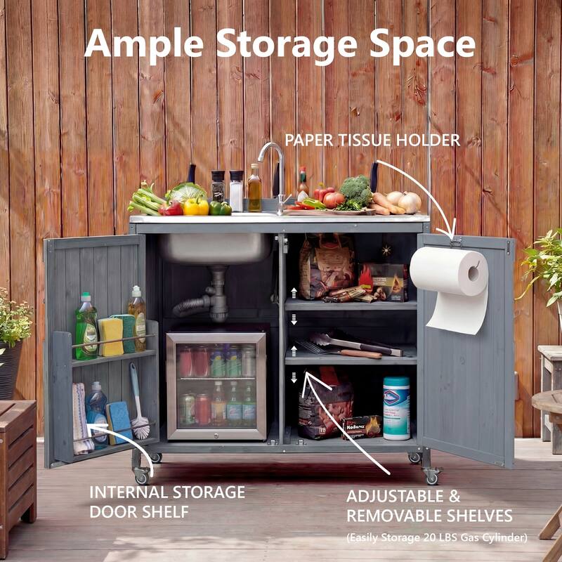 Outdoor 2 Piece Modular Solid Wood Kitchen Island with 304 Stainless Steel Sink, Faucet, Drawer, 2 Door Shelves & Wheels