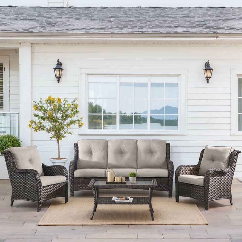 Outdoor Patio Chairs with Sofa Coffee Table - Brown - Beige