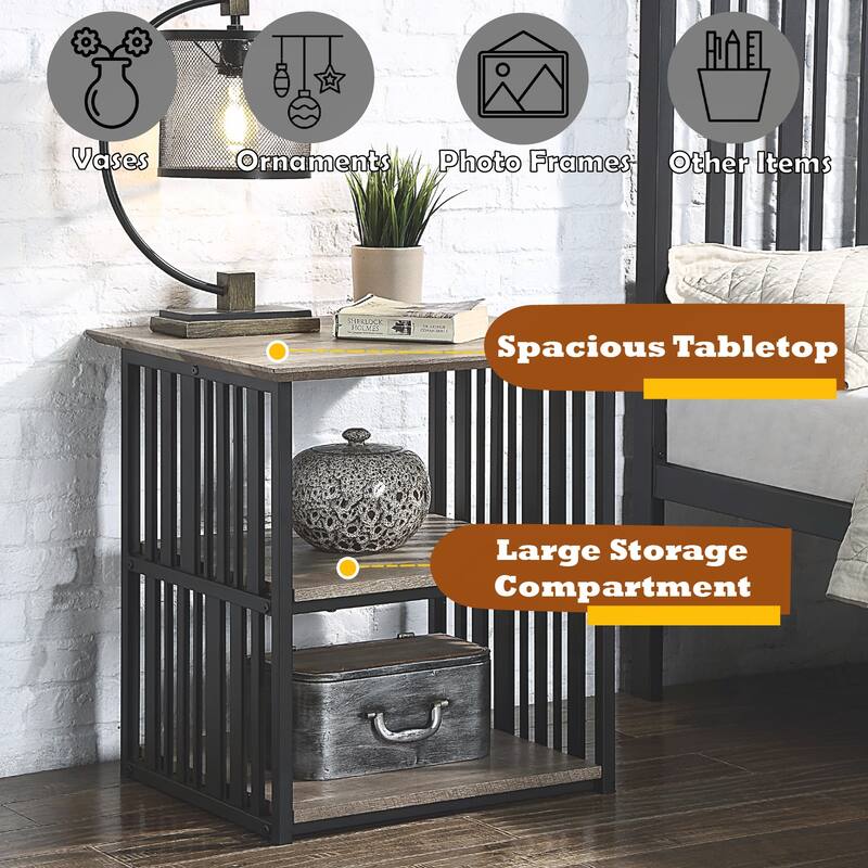 Antique Oak & Black Finish Nightstand with Industrial Style and Spacious Open Compartments