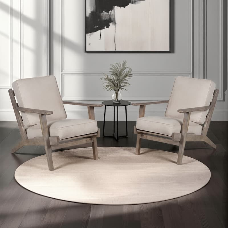 Amber Accent Chair, Handcrafted Washed Ash Gray Mango Wood, Beige Fabric Cushions, Angled Legs - Washed Gray, Beige