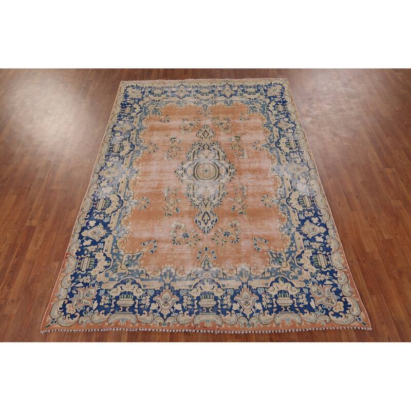 Distressed Kerman Vintage Persian Area Rug Handmade Wool Carpet - 6'4" x 8'11"