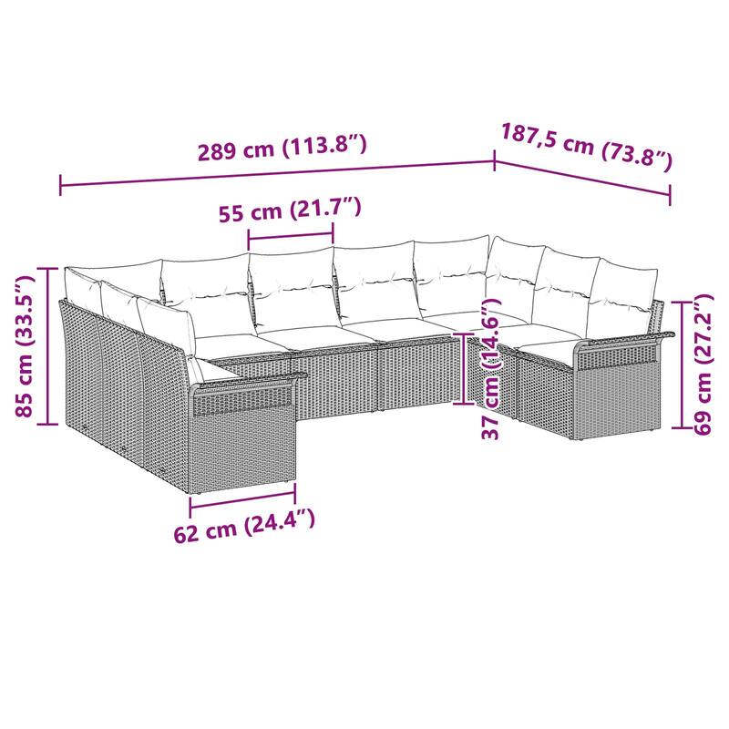 vidaXL 9/10 Garden Sofa Set with Cushions Black/Brown/Grey Poly Rattan - 113.8 x 73.8 x 27.2