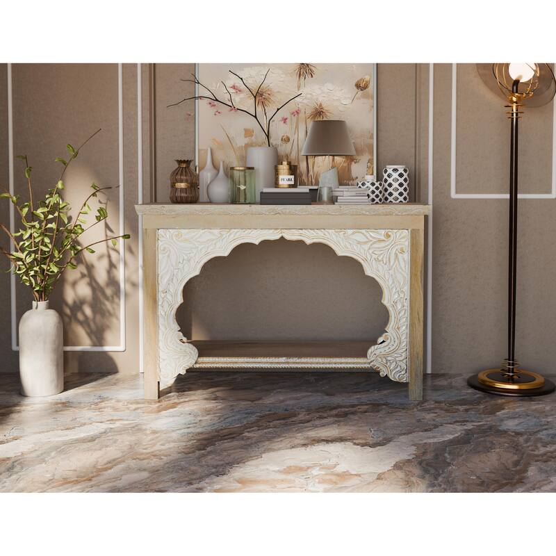 Clara Carved Solid Wood Console Table - Beige/White