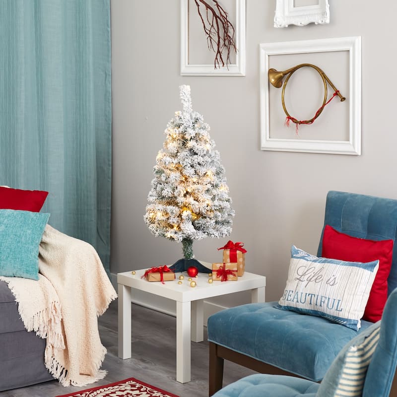 3' Pre-Lit Rock Spruce Flocked Artificial Christmas Tree, Clear LED Lights - 3 Foot