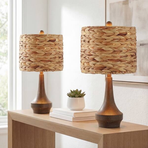 slide 2 of 10, JONATHAN Y Leona 21" Rustic Farmhouse Handwoven Rattan/Resin LED Table Lamp, Brown Wood Finish (Set of 2)