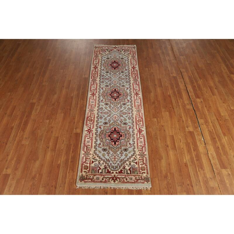 Hand Knotted Oriental 100% Wool Carpet Traditional Geometric Navy Blue & Blues Heriz (serapi) Runner Rug - 8' 1'' X 2' 5''