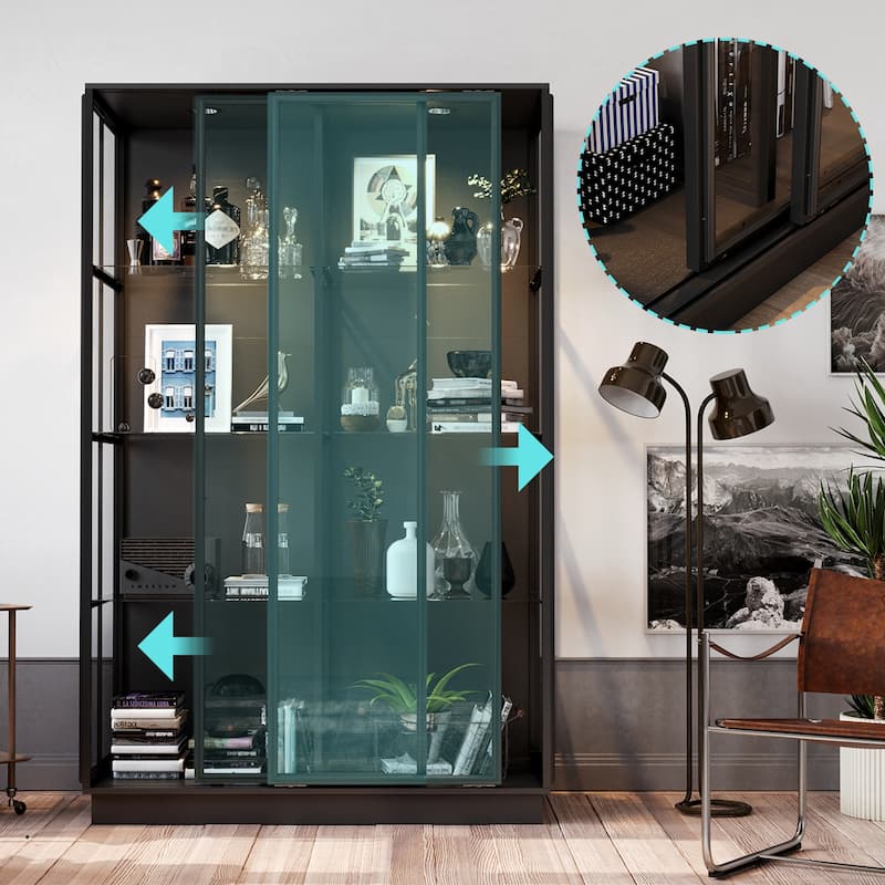 Modern Glass Curio Display Cabinet 4 Tier Display Case With lights & Doors