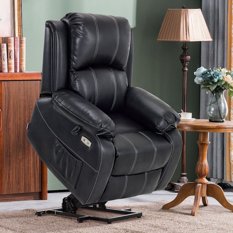MCombo Small Sized Power Lift Recliner Chair with Massage and Heat, USB Ports, Faux Leather 7409 - Black