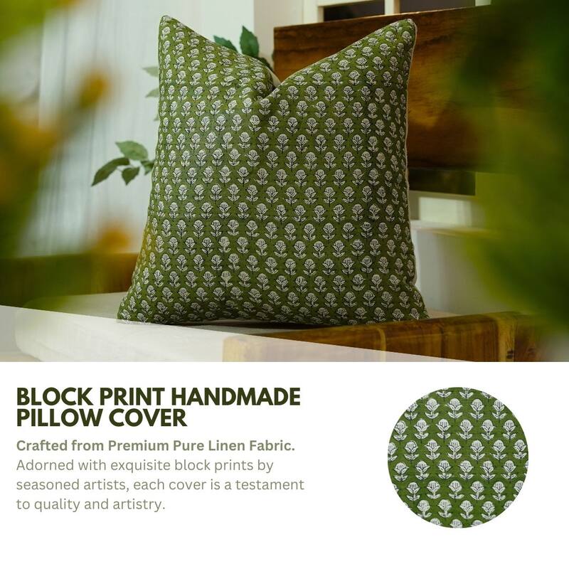Linen Farmhouse Block print pillow Cover - Tarangini