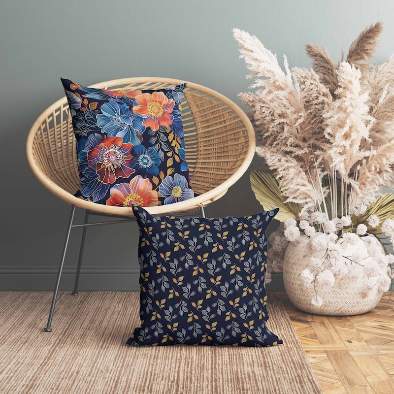 Painted Petalscape Indoor/Outdoor Reversible Throw Pillow Blue and Orange