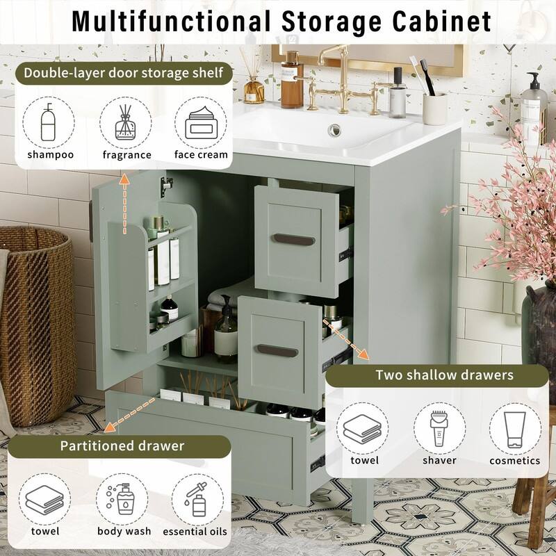 24" Modern Bathroom Vanity with Ceramic Sink, Soft-Close Door, Double-Layer Door Shelf & 3 Drawers