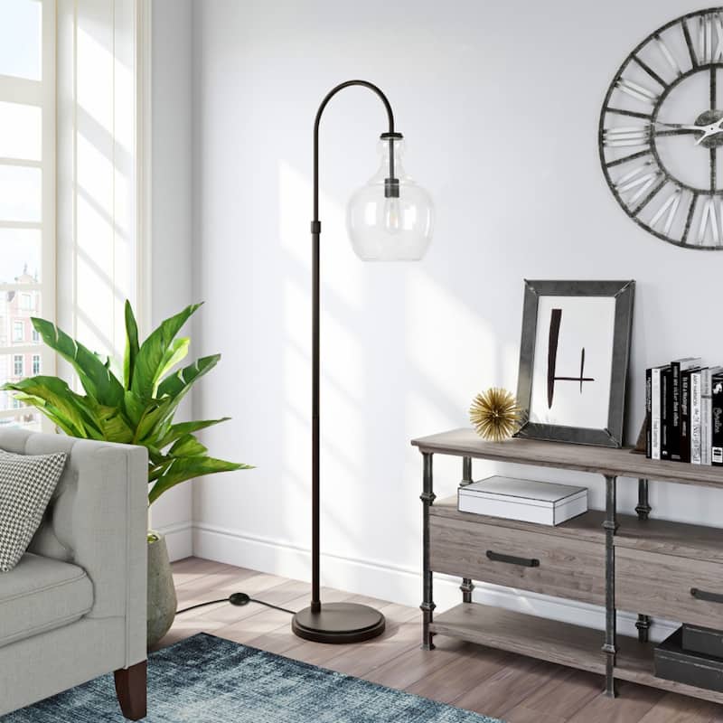 Metal Arched Floor Lamp with Dome Glass Shade and Foot Switch - 19” x 12” x 70” (D x W x H)