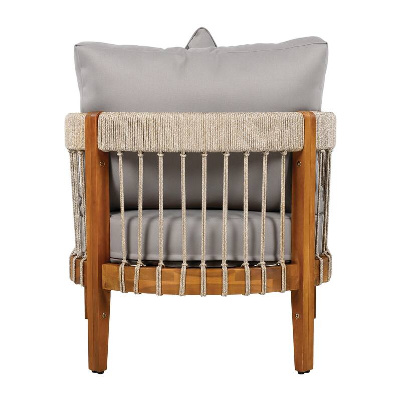 Acacia Wood Outdoor Club Chair with Handwoven Rope Accents & Curved Backrest