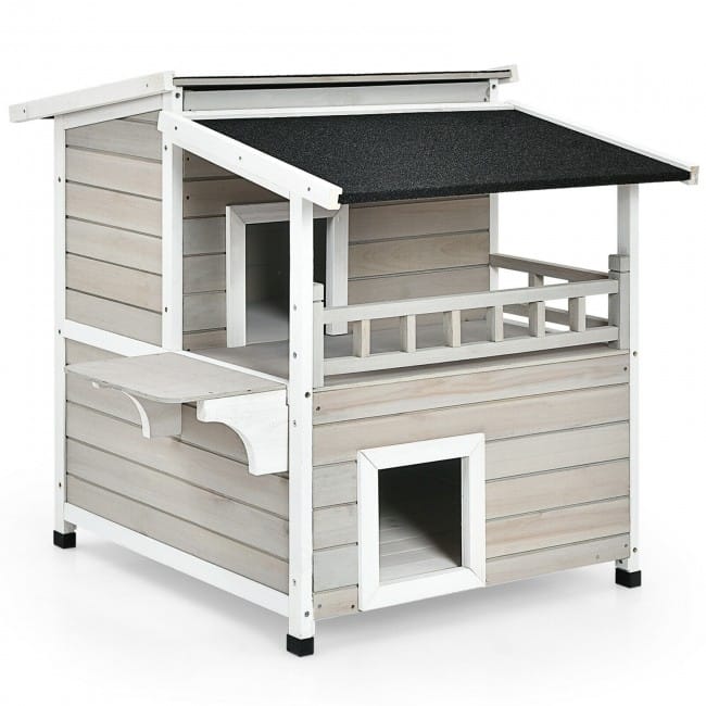 2-Story Wooden Patio Luxurious Cat Shelter House Condo with Large Balcony - 28" x 36" x 33" (L x W x H)