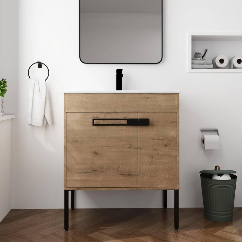 Beingnext 24"/30"/36" Bathroom Vanity with Sink, Freestanding or Floating Bathroom Vanity with 2 Doors and 1 Adjustable Shelf - Beige - 30''W x 18.3''D x 35''H