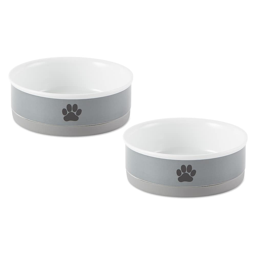 DII Pet Bowl Black Paw Print Gray Small 4.25dx2h (Set of 2)