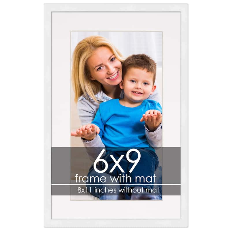 6x9 Frame with Mat - White 8x11 Frame Wood Made to Display Print or Poster Measuring 6 x 9 Inches with White Photo Mat - White