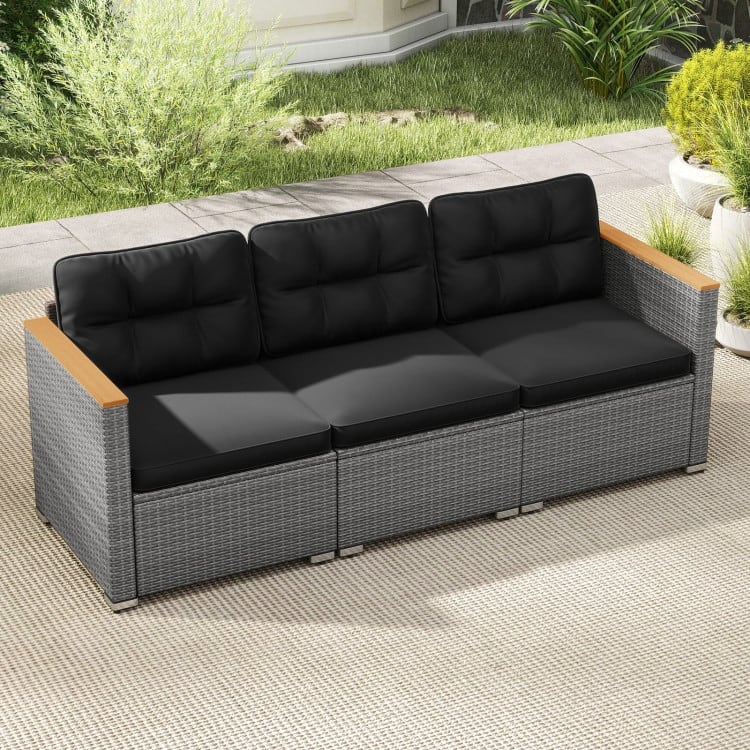 Mix Grey PE Rattan 3-Seater Outdoor Sofa with Black Cushions - 26" x 76" x 25.5"