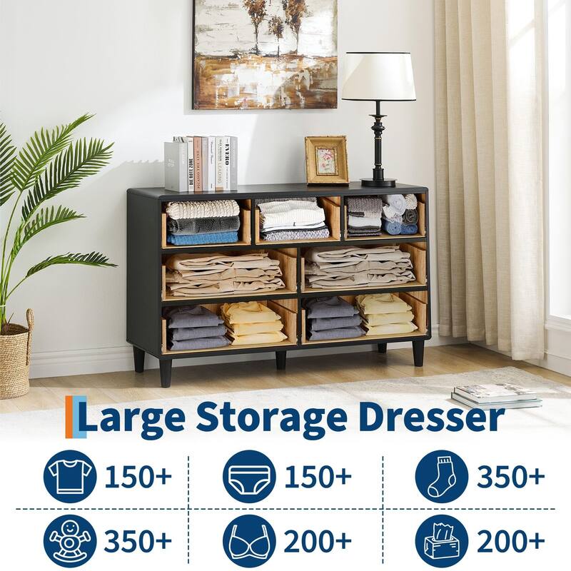 Modern Chest of Drawers with Natural Texture, Curved Profile Design, Dresser TV Stand, Wood Drawer Organizer for Bedroom