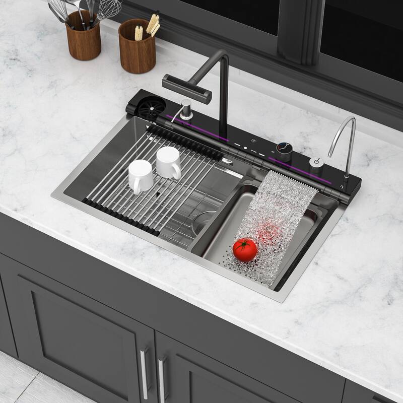 30" Drop-In 16 Gauge Single Bowl Stainless Steel Smart Digital Kitchen Sink with Faucet in Brushed Nickel - 30'' x 19'' x 9''