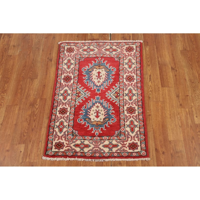 Geometric Kazak Oriental Rug Handmade Traditional Red Wool Carpet - 2'0" x 3'0"