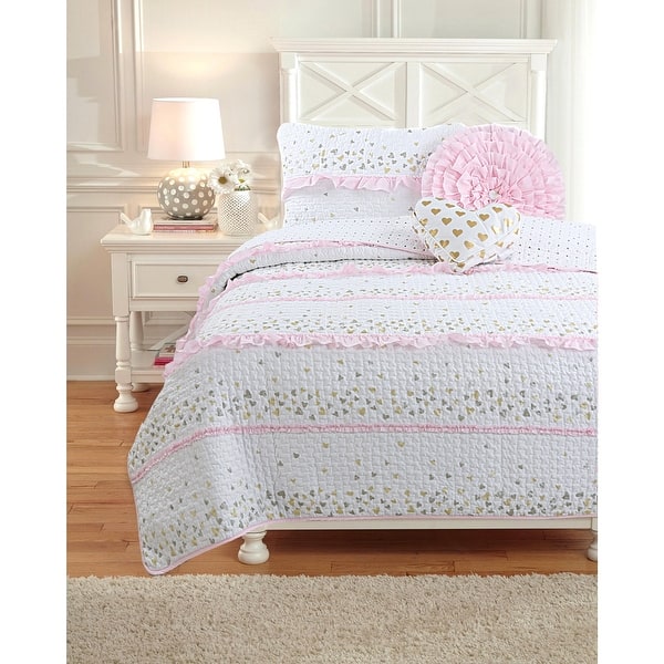Cozy Line Sweet Heart Polka Dot Pink Ruffle Cotton Quilt Bedding