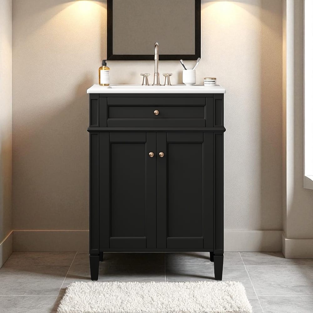 24'' Bathroom Vanity with Sink, Freestanding Storage Cabinet with 2 Doors, Tip-Out Drawer & Soft-Close Organizers