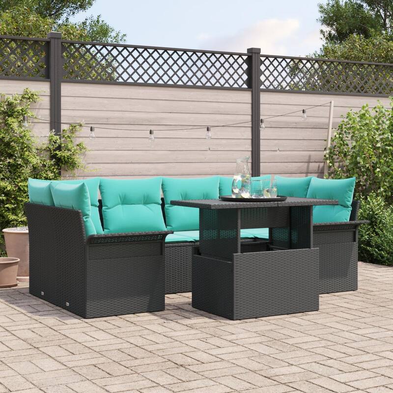 vidaXL 7 Piece Garden Sofa Set with Cushions Black Poly Rattan - 92.1×52.2×27.2