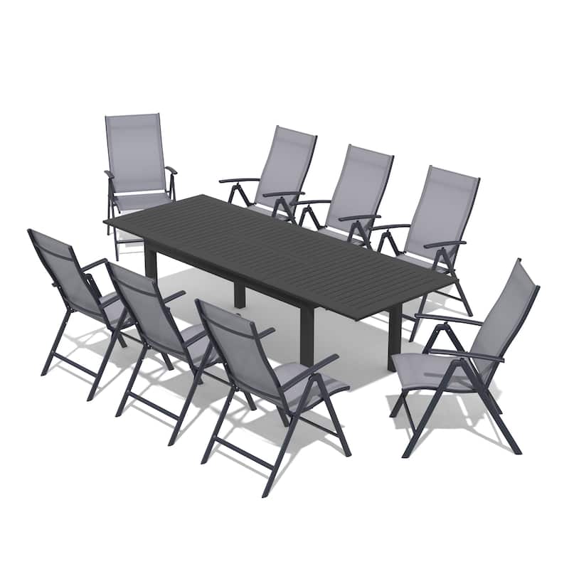 9PCS Outdoor Dining Set Rectangular Expandable Aluminum Table with Adjustable Folding Chairs